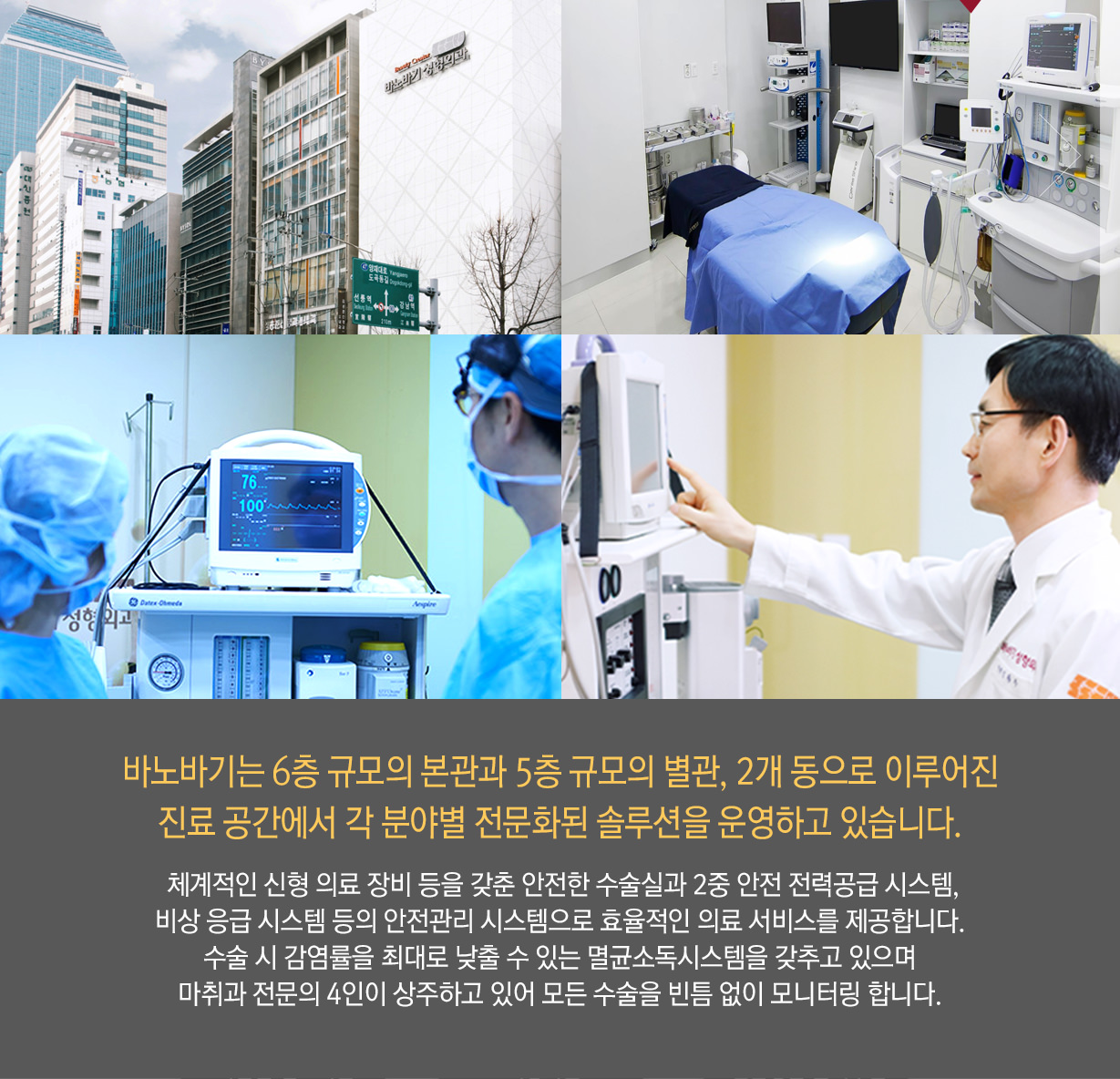 바노바기는 6층 규모의 본관과 5층 규모의 별관, 2개 동으로 이루어진 진료 공간에서 각 분야별 전문화된 솔루션을 운영하고 있습니다.
