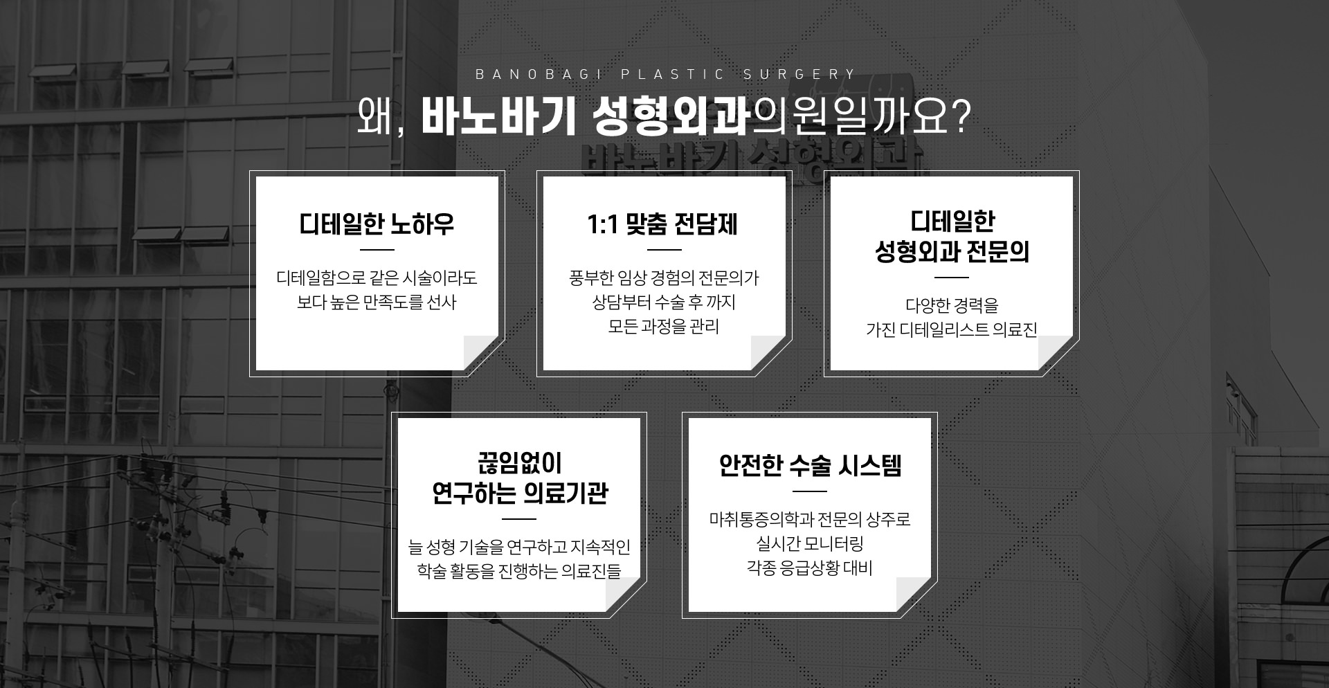 왜, 바노바기 성형외과의원일까요? - 디테일한 노하우, 1:1맞춤 전담제, 디테일한 성형외과 전문의, 끈임없이 연구하는 의료기관, 안전한 수술 시스템
