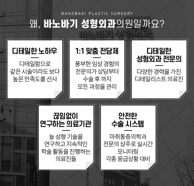 왜, 바노바기 성형외과의원일까요? - 디테일한 노하우, 1:1맞춤 전담제, 디테일한 성형외과 전문의, 끈임없이 연구하는 의료기관, 안전한 수술 시스템